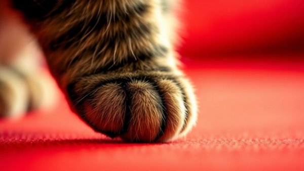 Cat paw on hair-repelling red fabric with warm lighting.