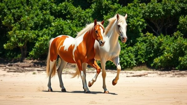 Two horses on sandy beach, one pawing ground. Why do horses paw the ground?