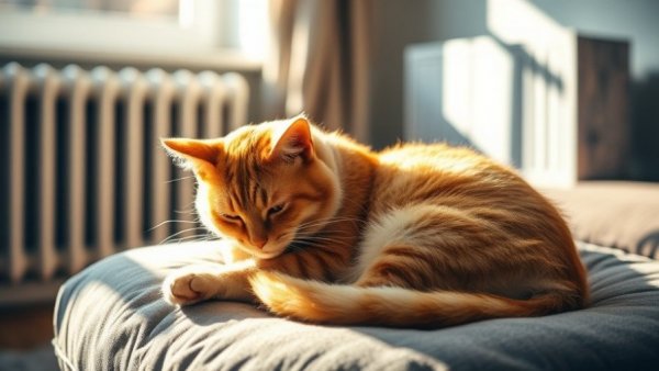 Orange cat grooming in sunlight, senior cat health care tips.