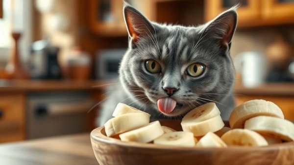 Curious cat and bananas in kitchen, human foods for cats.