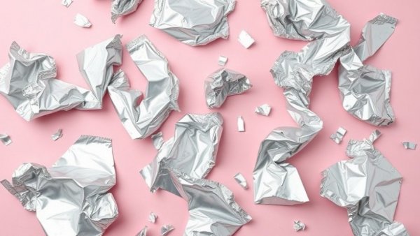 Crumpled aluminum foil pieces on a pink surface showing texture.