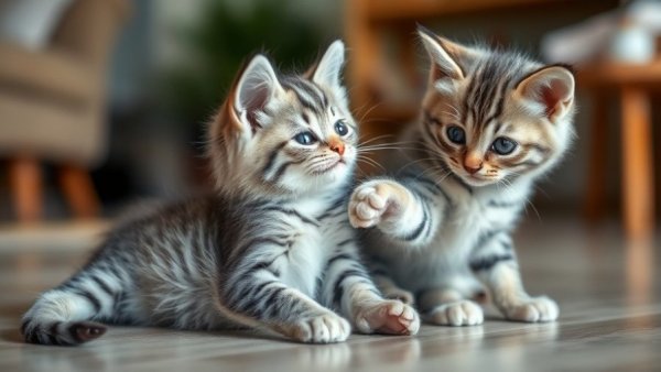 Kittens playing indoors, natural light, how to determine kitten's age.