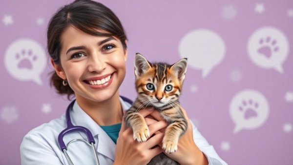 Veterinarian holding a kitten against a purple background with paw prints for indoor cat enrichment.