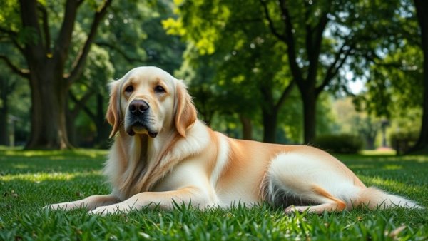 Senior dog with hearing loss relaxing in a park, surrounded by nature.