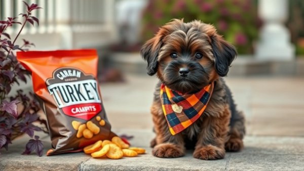 Fluffy dog with bandana beside turkey chips for proper pet nutrition.