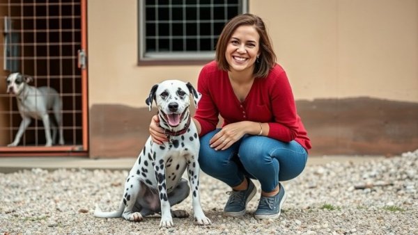Second Chance Animals Adoption: Woman with Dalmatian mix dog outside shelter.