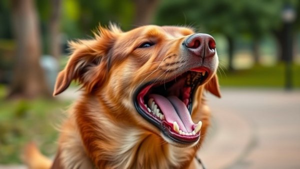 Brown dog barking in park, simple training tricks scene.