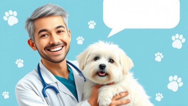 Vet holding a fluffy dog, promoting ethical dog breeding practices.