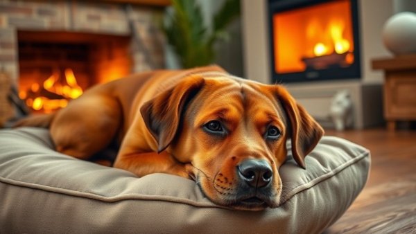 Calm brown dog resting by a fire, illustrating cozy ambiance.