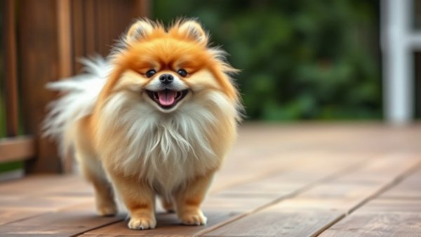 Hunny the rescue dog with a joyful smile on a wooden deck.