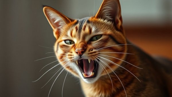 Abyssinian cat displaying hissing behavior, showing defensive stance.
