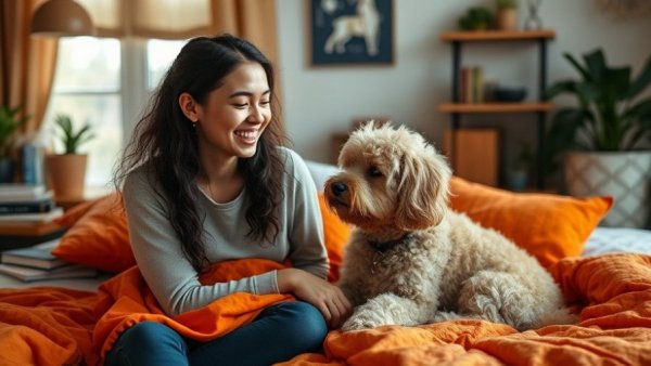 Smiling woman with dog in cozy bedroom - Pet Allergies and Management Strategies