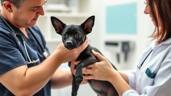 Vet examining a dog for early cancer detection in a clinic.