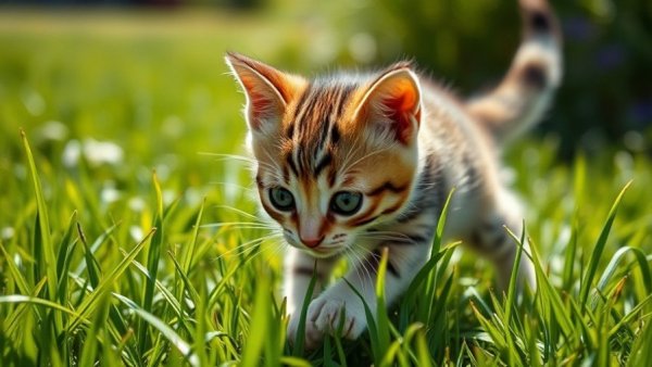 Curious kitten learning survival skills in grass.