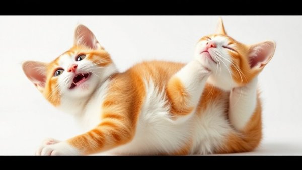 Happy indoor cat stretching on a white background.