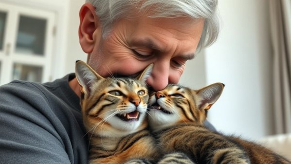 Acts of Love for Cats: Man gently interacts with happy cat.