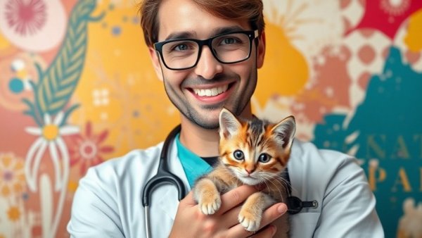 Veterinarian holds a kitten discussing cat diarrhea in colorful graphic.