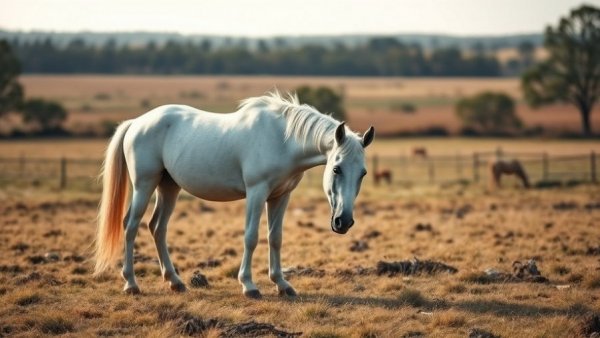 Serene white horse grazing in a lush field, best fly spray for horses context.