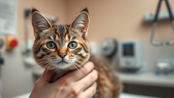 Tabby cat at vet exam table, illustrating string dangers for cats.