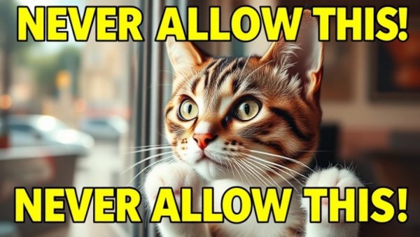 Curious tabby cat behind glass, Common Indoor Cat Mistakes warning.