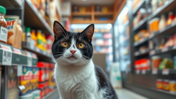 Bodega cat in NYC store surrounded by shelves, sitting calmly.