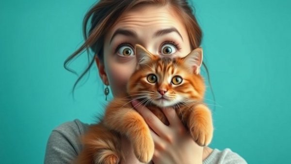 Surprised woman holding a cat, illustrating dermatitis in cats.