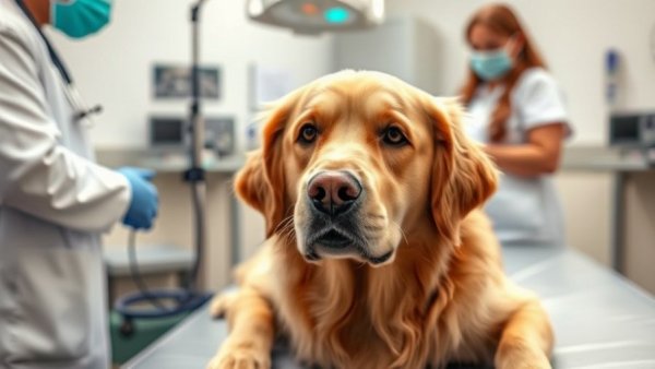 Golden Retriever during radiation therapy for dogs in clinic.