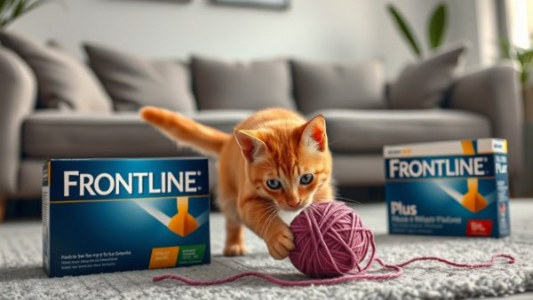 Frontline Plus Cat Flea Treatment Duration guide with playful ginger cat.
