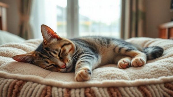 Cozy tabby cat sleeping on a bed, illustrating changes in cat sleeping habits.