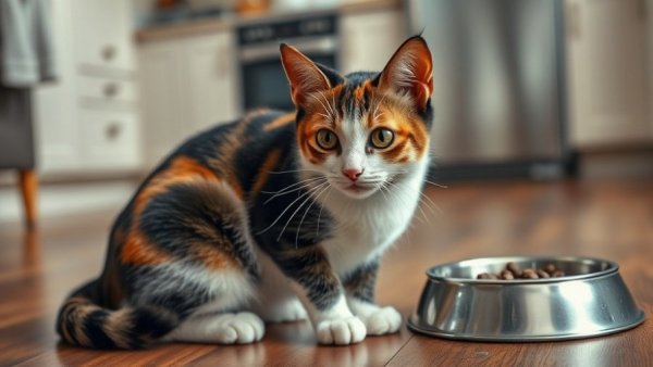 Calico cat with food bowl, feeding your cat properly guide.