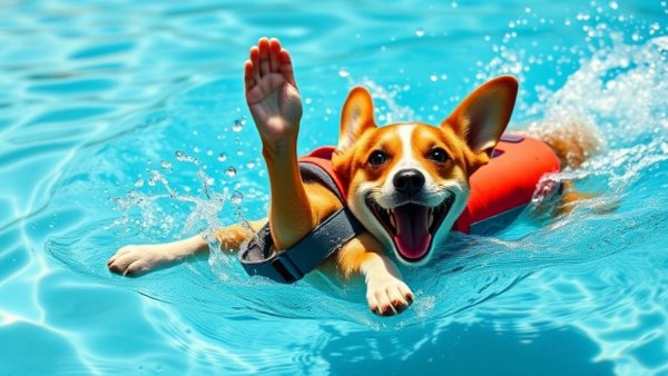 Energetic corgi swimming in pool with shark fin vest.