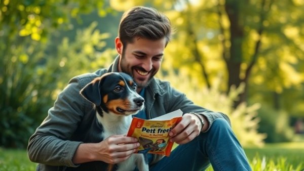Man and dog examining pet treat package outdoors, transparency in pet treats.