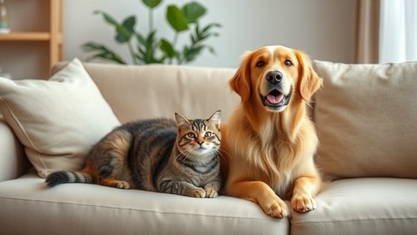 Golden retriever and tabby cat on sofa in clean living room, Spring Cleaning for Pets.