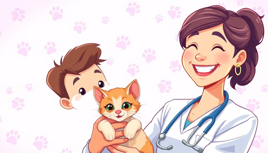 Friendly veterinarian holding a kitten on a promotional veterinary advice graphic.