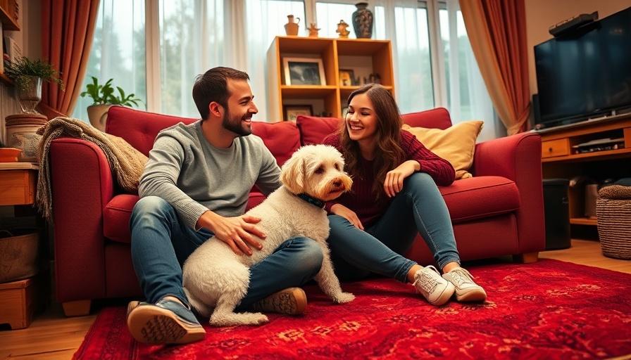 Young couple with a small white dog on a red rug, microchip your dog
