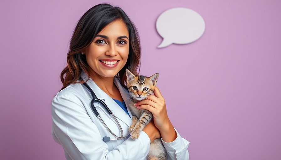 Female vet holding a kitten with text background on 'Ask a Vet'.