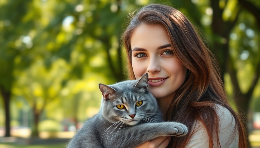 Woman cuddling a gray cat in a sunny park setting.