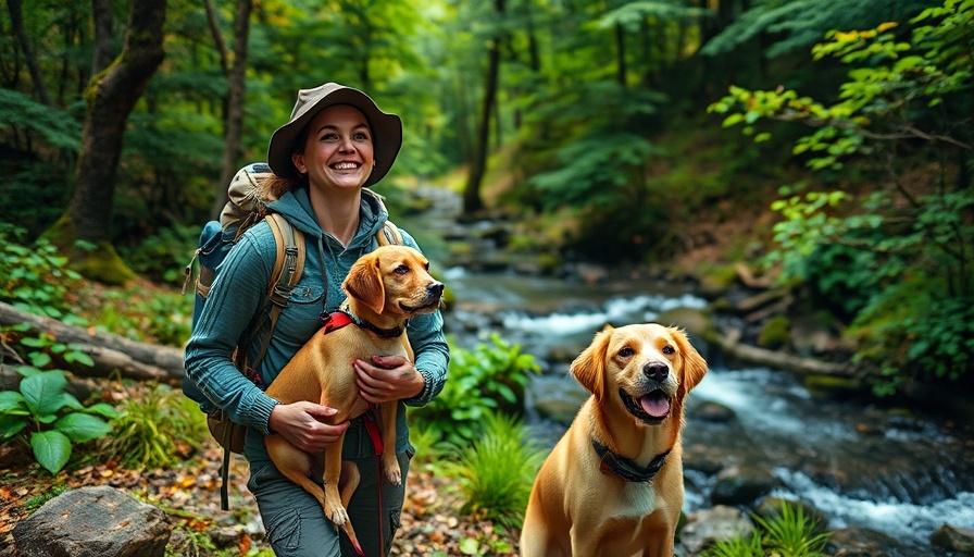 Woman hiking with dog in forest, best hiking gear for dogs.
