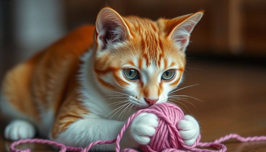 Curious cat playing with pink yarn, avoiding pet injuries.
