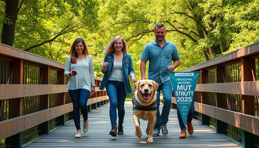 National Mutt Strutt 2025 cheerful family and dog walk on a bridge