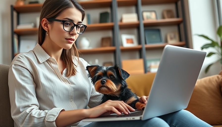 Young woman with laptop and dog, pet insurance for employee benefits.