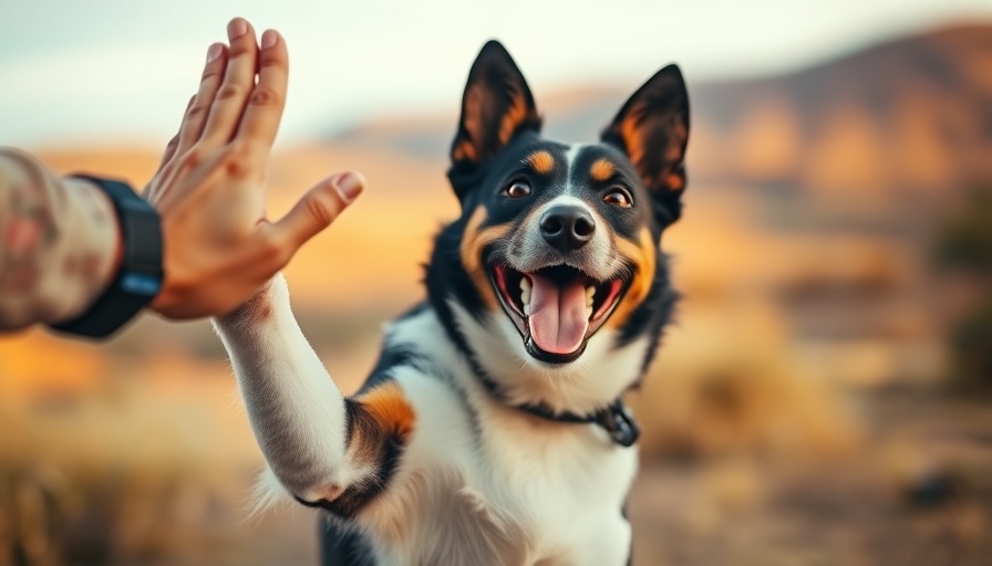 Cheerful dog high-fiving, showcasing interaction skills.
