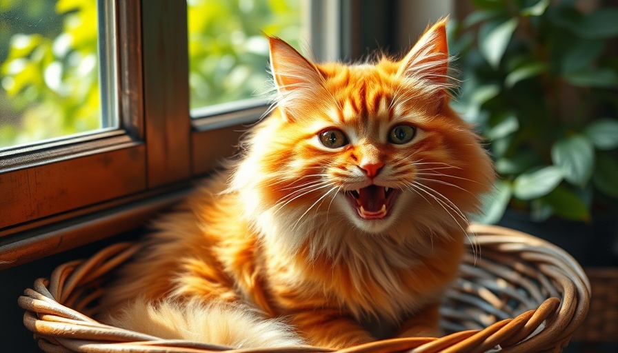 Fluffy orange cat appearing to cough near window
