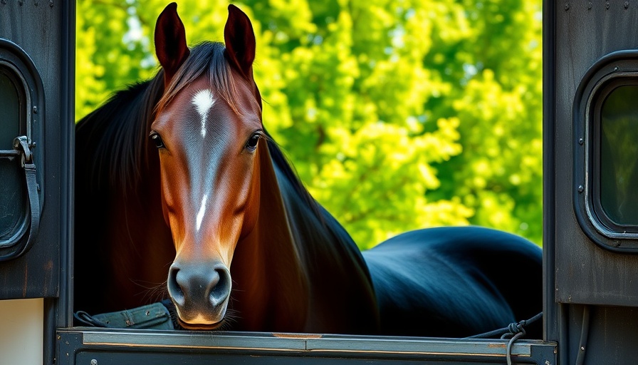 Bay horse traveling by trailer, looking out calmly.