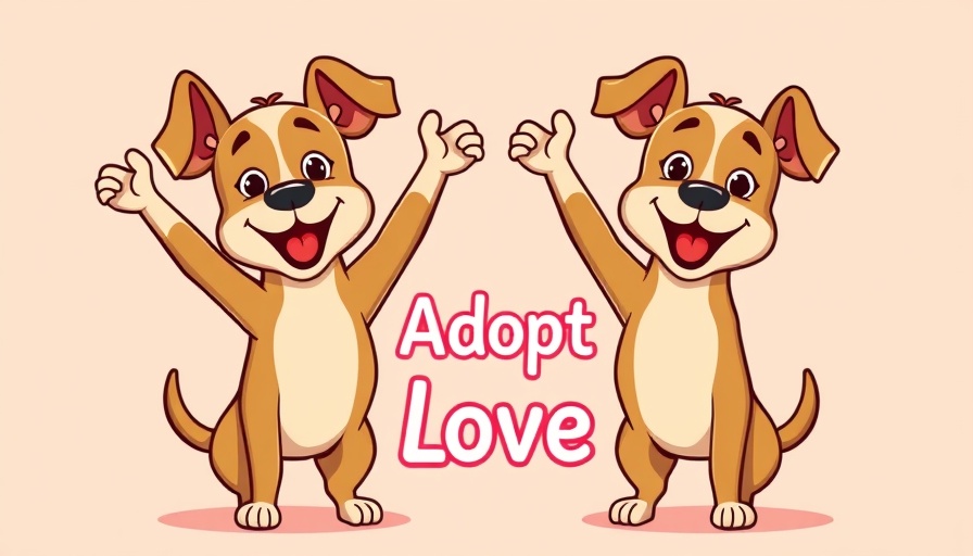 Stylized cartoon dogs promoting 'Adopt Love' in comic strip campaign.