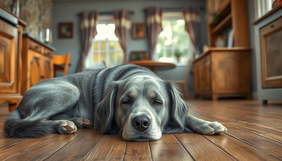 Elderly dog resting on kitchen floor, related to sarcopenia in dogs.