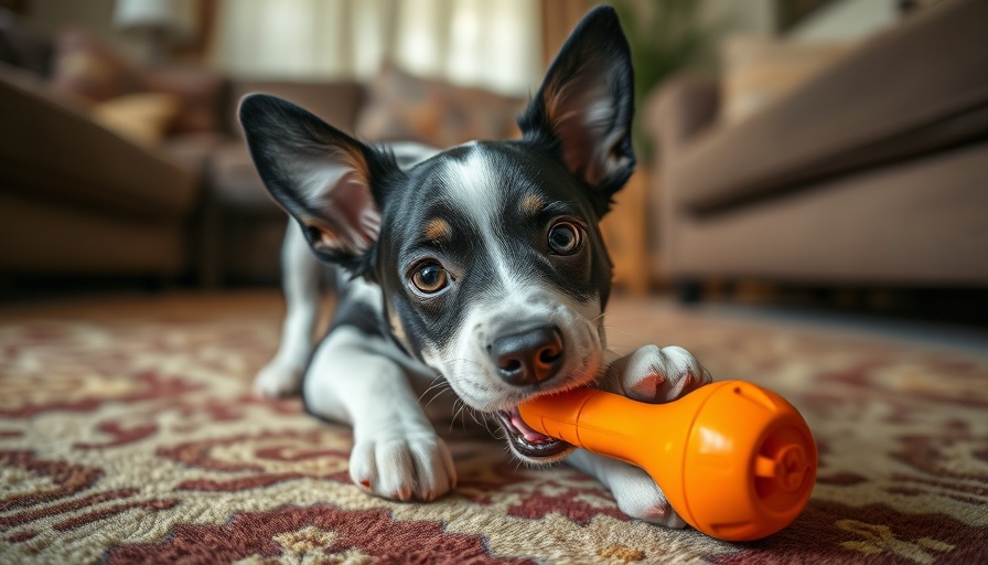 Dog playing with toy on carpet, perfect for dog-friendly Labor Day activities.