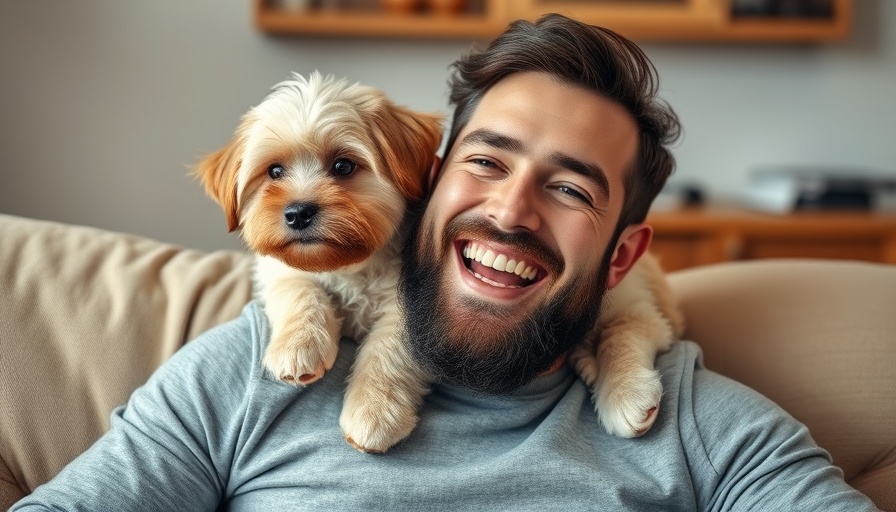 Celebrate National Dog Day with a joyful man and fluffy dog indoors.