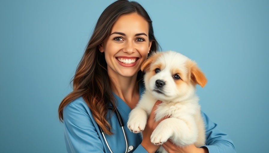 Smiling vet with fluffy dog on blue background promoting vet advice.