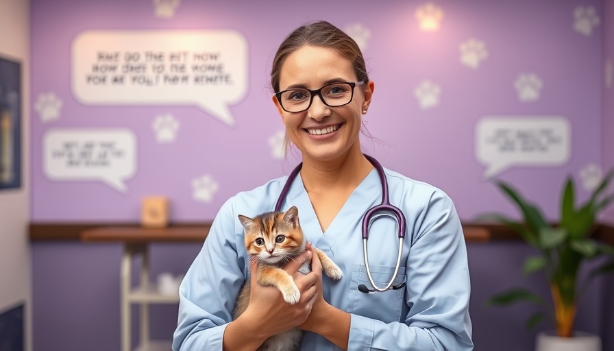 Veterinarian discussing heart failure in cats with a kitten in arms.